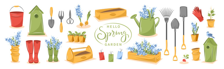 Gardening, growing plants, agricultural tools. Hello spring garden text.  Vector illustration Isolated on white. - obrazy, fototapety, plakaty