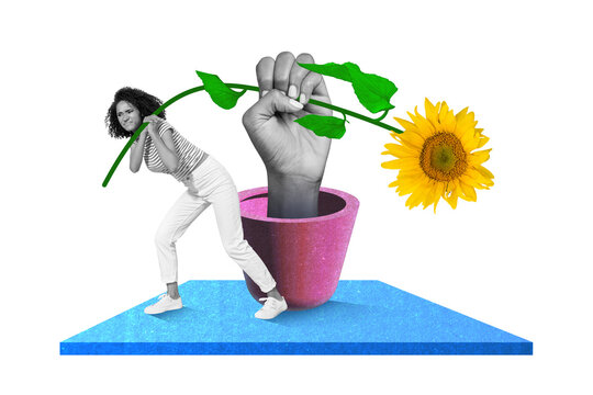 Creative retro 3d magazine collage image of purposeful lady trying growing good plant isolated painting background