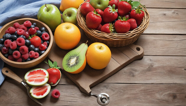 Fresh fruit on a wooden table, nature gourmet picnic