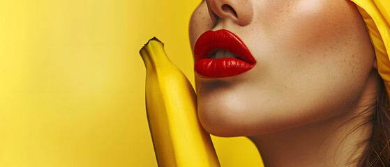 Model woman with red lips makeup taking a bite from yellow banana with copy space for text placement - obrazy, fototapety, plakaty