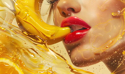 Close-up of sexy Woman Biting Banana. A close-up shot of a woman with red lipstick biting a banana on a vibrant yellow background, copy space.