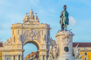 Arch of the Augusta street with with Dom Jose equestrian statue in Lisbon, Portugal