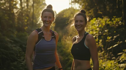 Obraz premium two charming fit women after jogging in the summer park