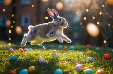 Fototapeta na wymiar easter bunny jumping with easter eggs