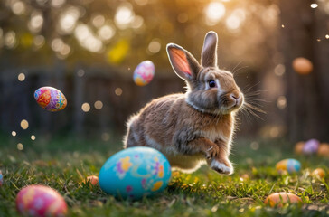 Fototapeta na wymiar easter bunny jumping with easter eggs