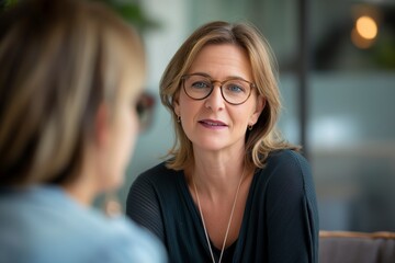 A middle aged professional business woman wearing glasses engaged in conversation with another woman.