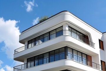 Tall white building featuring multiple balconies in a modern Art Deco architectural style.