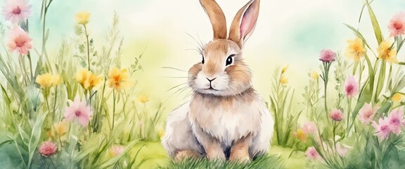 A rabbit is sitting in a field of flowers - obrazy, fototapety, plakaty