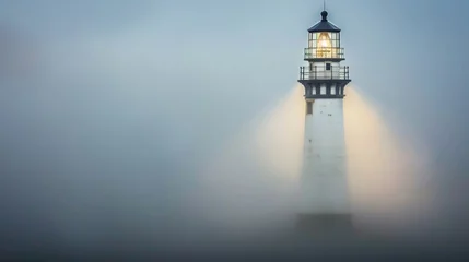 Rolgordijnen A lighthouse shining a light through fog, representing guidance and resolution in crisis management © Amil
