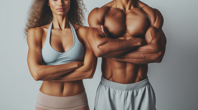 Cheerful male and female athlete standing together at gym.