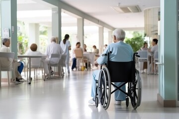 A man in a wheelchair amidst a bustling room filled with doctors, nurses, and patients.