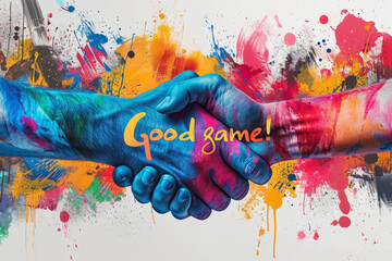 Painted handshake with vibrant splashes, "Good game!" inscription, sportsmanship concept