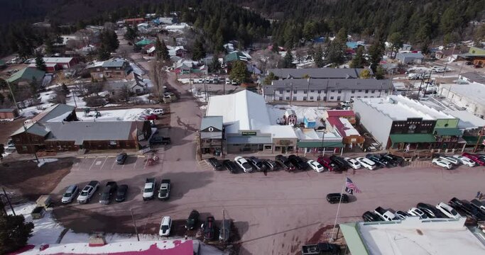 Aerial drone shot of Cloudcroft, New Mexico Main Street
