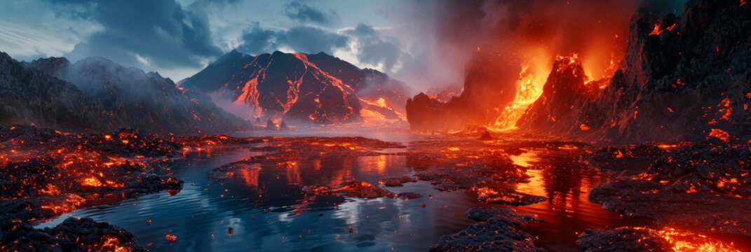 large lake filled with lava that serves as a hellish waterfall. . Generative AI © Лилия Захарчук