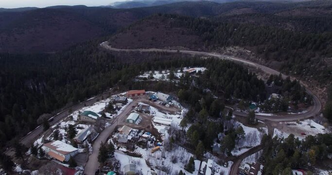 Aerial drone shot of Cloudcroft, New Mexico Main Street, wide high angle