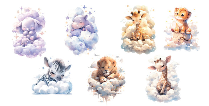 Adorable Baby Animals Resting on Clouds: A Collection of Watercolor Illustrations Featuring a Bunny, Hippo, Lamb, Zebra, Lion, Tiger Cub