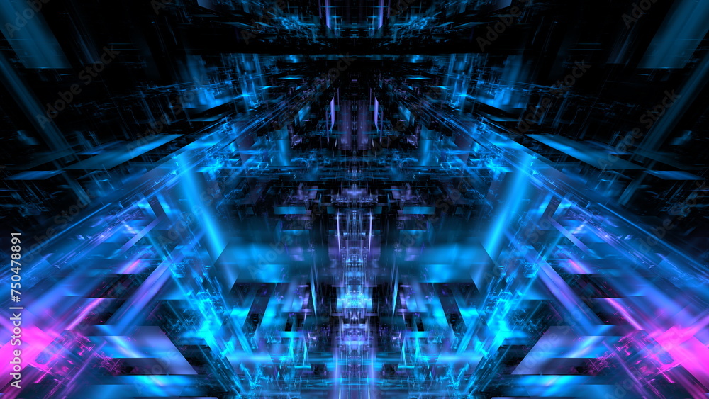 Poster complex digital structure with a central blue light beam flanked by magenta highlights and mirrored 