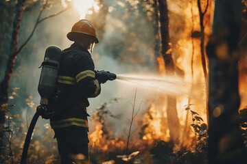 A firefighter in action, spraying water on a raging forest fire to extinguish flames and prevent...