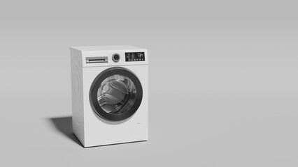 Modern white washing machine with a front load design, digital display, and control panel, white...