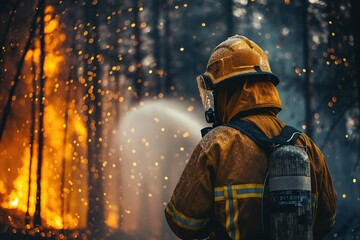 A firefighter in fire suit and helmet stands in front of a raging forest fire. - obrazy, fototapety, plakaty