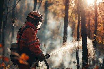 Experienced firefighter extinguishing a wildland fire by spraying water on a forest. - obrazy, fototapety, plakaty