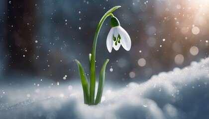 A small white flower is growing in the snow