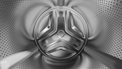 Inside of a washing machine drum, featuring a symmetrical pattern with holes for water flow and a central paddle for moving clothes during the wash cycle. 3d render