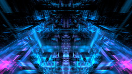 Complex digital structure with a central blue light beam flanked by magenta highlights and mirrored layers. 3d render