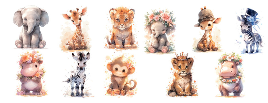 Adorable Illustrated Baby Animals Collection: Elephants, Giraffes, Lions, Hippos, Zebras, and Monkeys in Various Poses