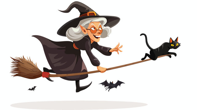 Cute old witch cartoon riding broomstick
