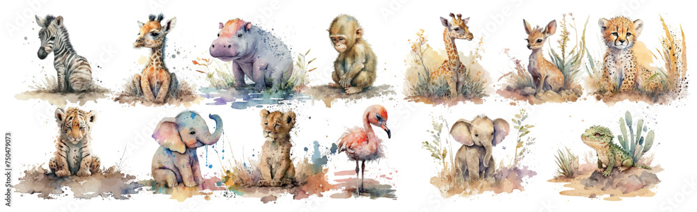 Sticker Watercolor Collection of Baby Animals: A Beautifully Illustrated Set Featuring a Zebra, Giraffe, Hippo, Elephant, Tiger, Flamingo and More in Natural