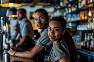 Fototapeta na wymiar An attractive young couple poses at a bar counter with drinks and a bartender in the background