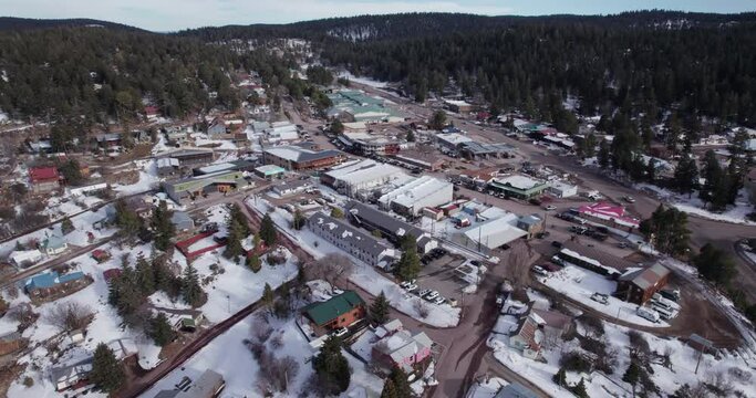 Aerial drone shot of Cloudcroft, New Mexico Main Street wide shot