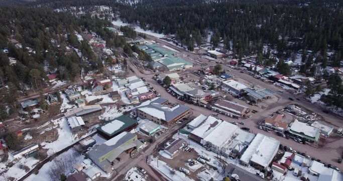 Aerial drone shot of Cloudcroft, New Mexico Main Street, push in