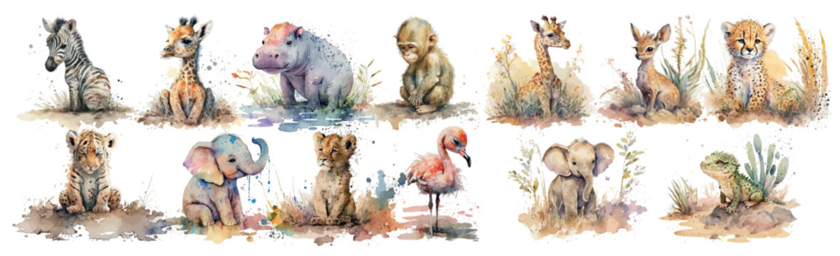 Watercolor Collection of Baby Animals: A Beautifully Illustrated Set Featuring a Zebra, Giraffe, Hippo, Elephant, Tiger, Flamingo and More in Natural