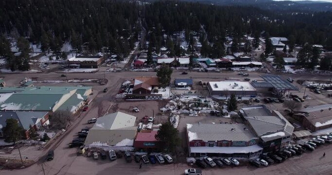 Aerial drone shot of Cloudcroft, New Mexico Main Street, dolly right