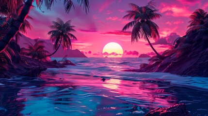 Fototapeta na wymiar A serene tropical sunset with pink and purple hues reflecting off palm-fringed shores and tranquil waters