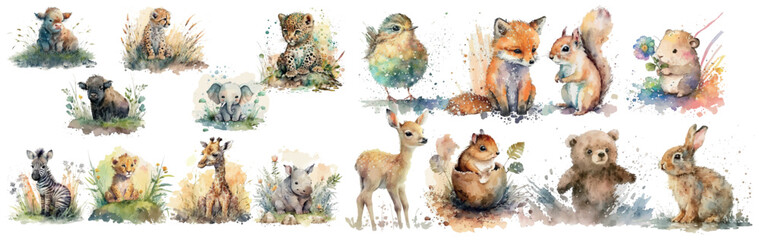 Fototapeta premium Watercolor Collection of Adorable Baby Animals in Nature: A Set of High-Quality, Detailed Illustrations Perfect for Nursery Decor, Children’s Books