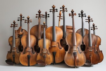 Multiple violins are neatly lined up against a wall.