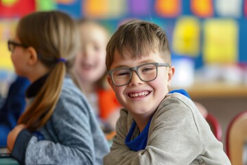 a boy and a girl, both with Down syndrome, are sitting at a table in a classroom. They appear to be engaged in a learning activity.