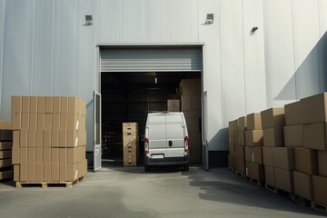 A van is parked in front of a warehouse, its door open for delivery.