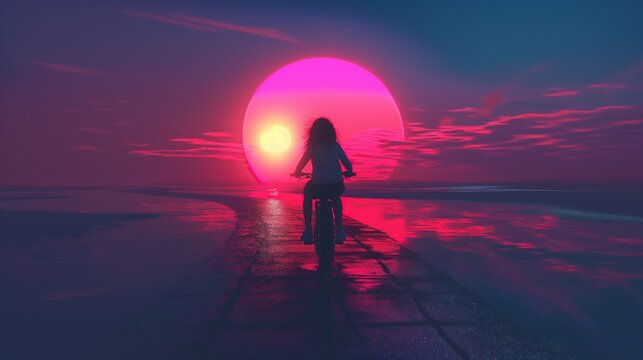 Synth wave . background. wallpaper. Girl on bike