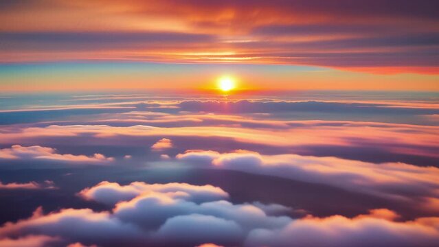 Spectacular aerial time lapse showcases a fiery sunset spectacle, painting the sky with rich, vibrant hues. 4K.
