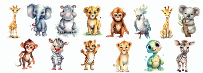 Obraz na płótnie Canvas Adorable Collection of Illustrated Baby Animals: Giraffe, Elephant, Hippo, Lion Cub, Monkey, Zebra and More for Children’s Books