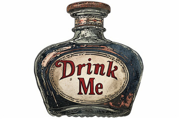 Vintage "Drink Me" potion bottle, whimsical concept isolated on white background