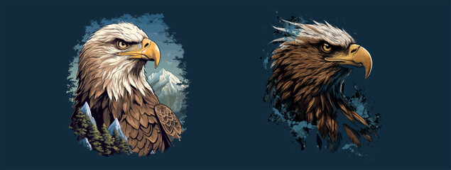 Majestic Bald Eagles: One Amidst Snowy Peaks and Forest, Another with Artistic Brush Strokes