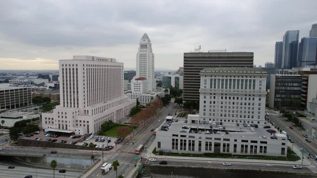 Drone Shot, Los Angeles City Hall, Courthouse, Hall of Justice, Highway and Spring Street Traffic, California USA