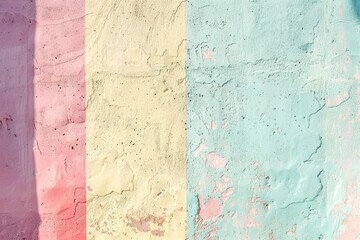 A textured wall with abstract pastels in pink, cream, blue, and turquoise divided into four sections