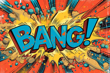 Comic book explosion with "BANG!" text, dynamic pop art style