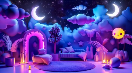 A surreal, vibrant bedroom designed with neon colors and dreamy elements under a starry night, evoking imagination